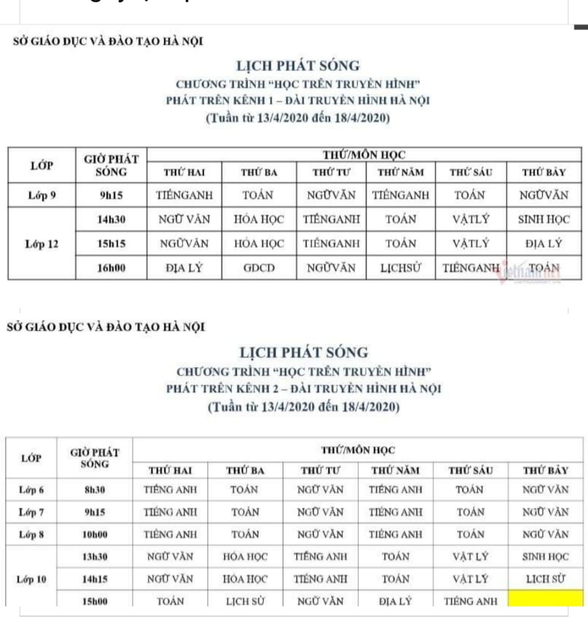 lịch phát sóng 13 4
