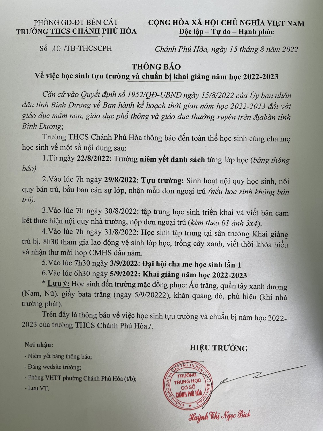 Thời gian tập trung học sinh - Năm học 2022 - 2023